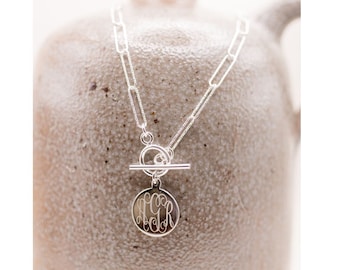 Sterling Silver Diamond Cut Paper Clip Necklace with Monogram Pendant