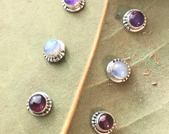Sterling Silver Trio Stud Earring Set Amethyst, Rainbow Moonstone, Garnet