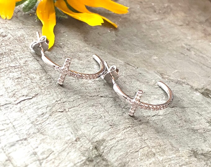 Sterling Silver Cross Half Hoop CZ Earrings