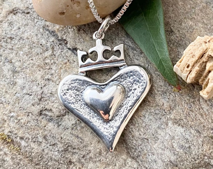 Sterling Silver Antique Finish Heart with Crown Necklace