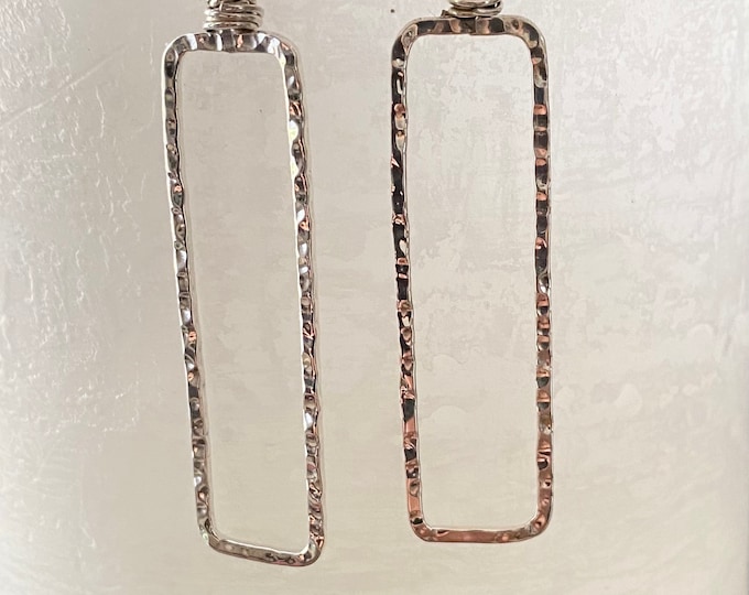 Long Hammered Rectangle Sterling Silver Earrings