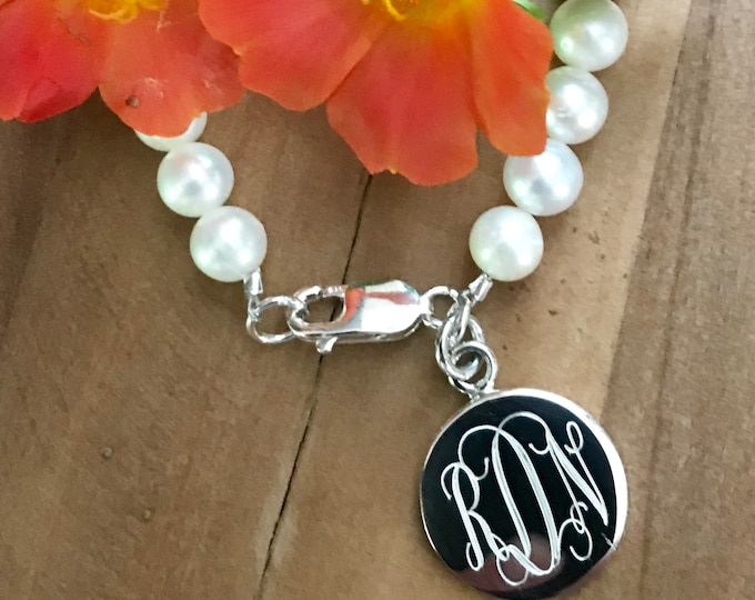 Monogrammed Pearl Freshwater Bracelet with Sterling Silver Charm