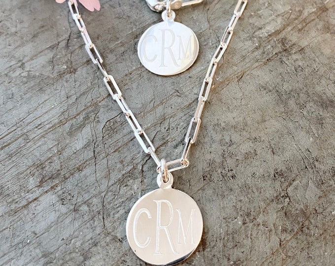 Sterling Silver Paper Clip Necklace or Bracelet with Monogram Pendant