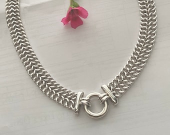 Sterling Silver Heavy Wide Curb Link Necklace with Circle