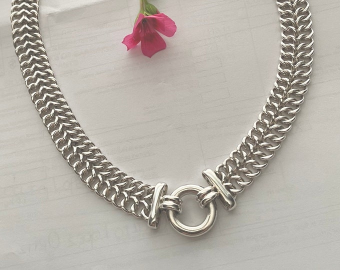 Sterling Silver Heavy Wide Curb Link Necklace with Circle