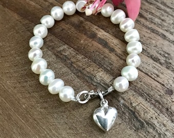 Freshwater Pearl Baby and Children’s  Bracelet with Sterling Silver Heart Charm