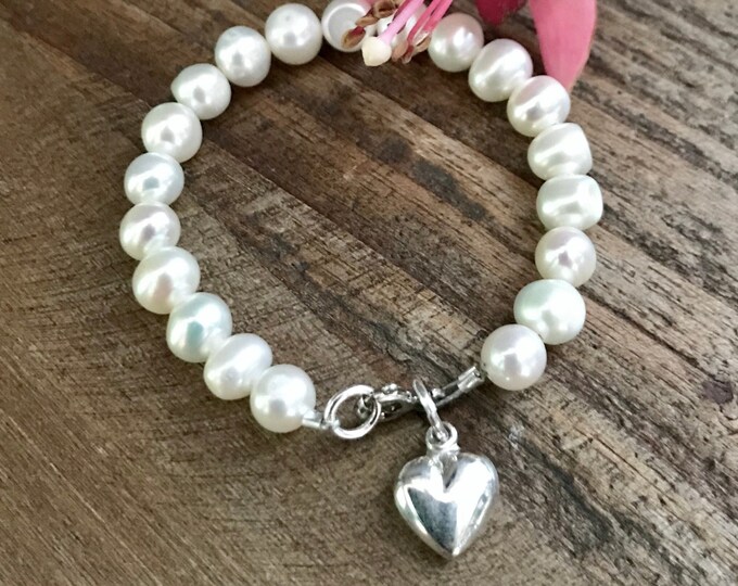 Freshwater Pearl Baby and Children’s  Bracelet with Sterling Silver Heart Charm