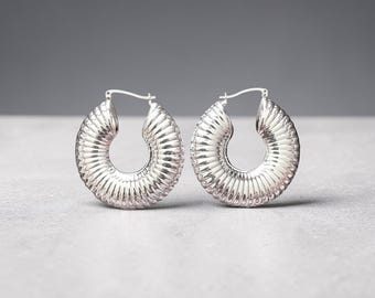 Large Wide Ribbed Hoop Earrings in Sterling Silver