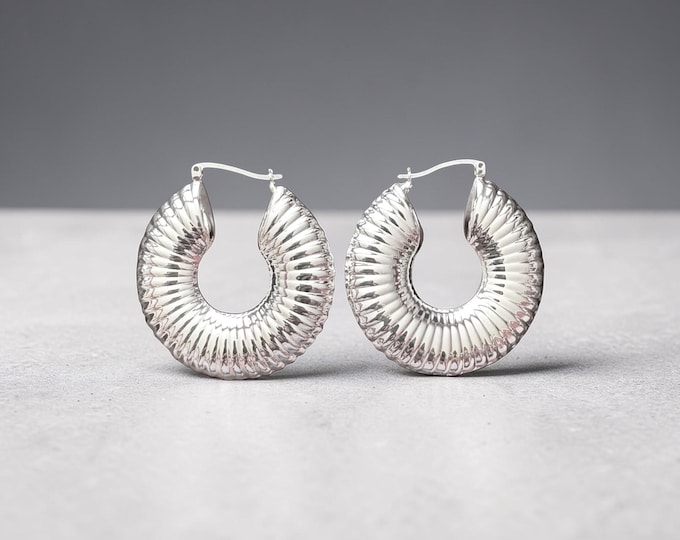 Large Wide Ribbed Hoop Earrings in Sterling Silver