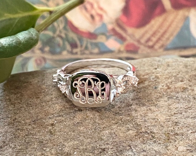 Sterling Silver Square Monogrammed Ring With CZ Accents
