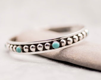 Sterling Silver Beaded Bangle Bracelet with Turquoise Accents