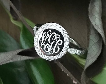 Sterling Silver 925 Monogrammed Ring Round with CZ Halo