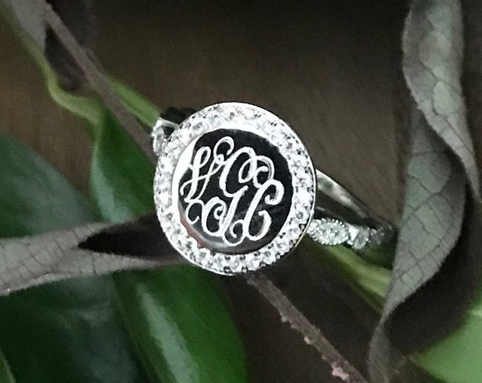 Sterling Silver 925 Monogrammed Ring Round with CZ Halo