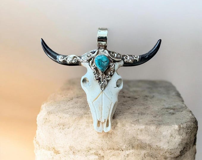 Bone , Brass and Turquoise Steer Pendant