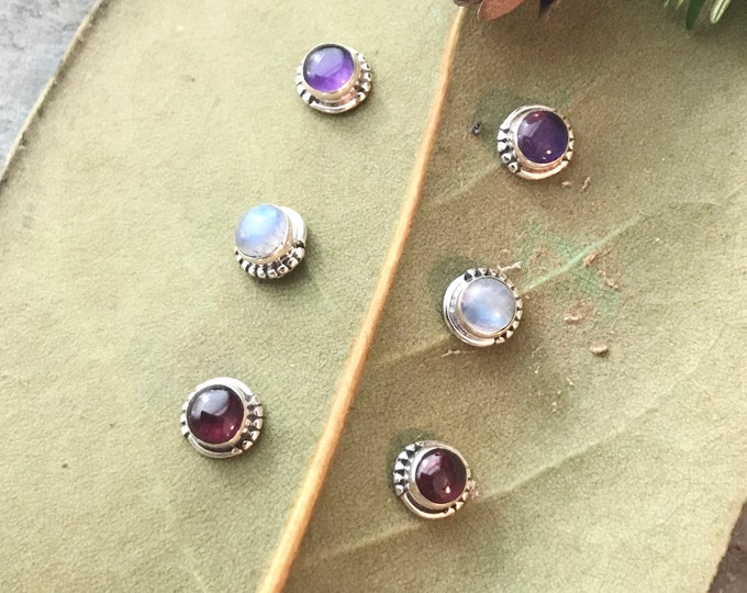 Sterling Silver Trio Stud Earring Set Amethyst, Rainbow Moonstone, Garnet