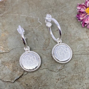 Sterling Silver Monogrammed Hoop Earrings with Rope Edge