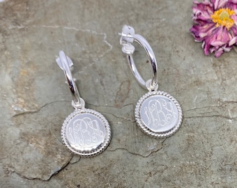 Sterling Silver Monogrammed Hoop Earrings with Rope Edge