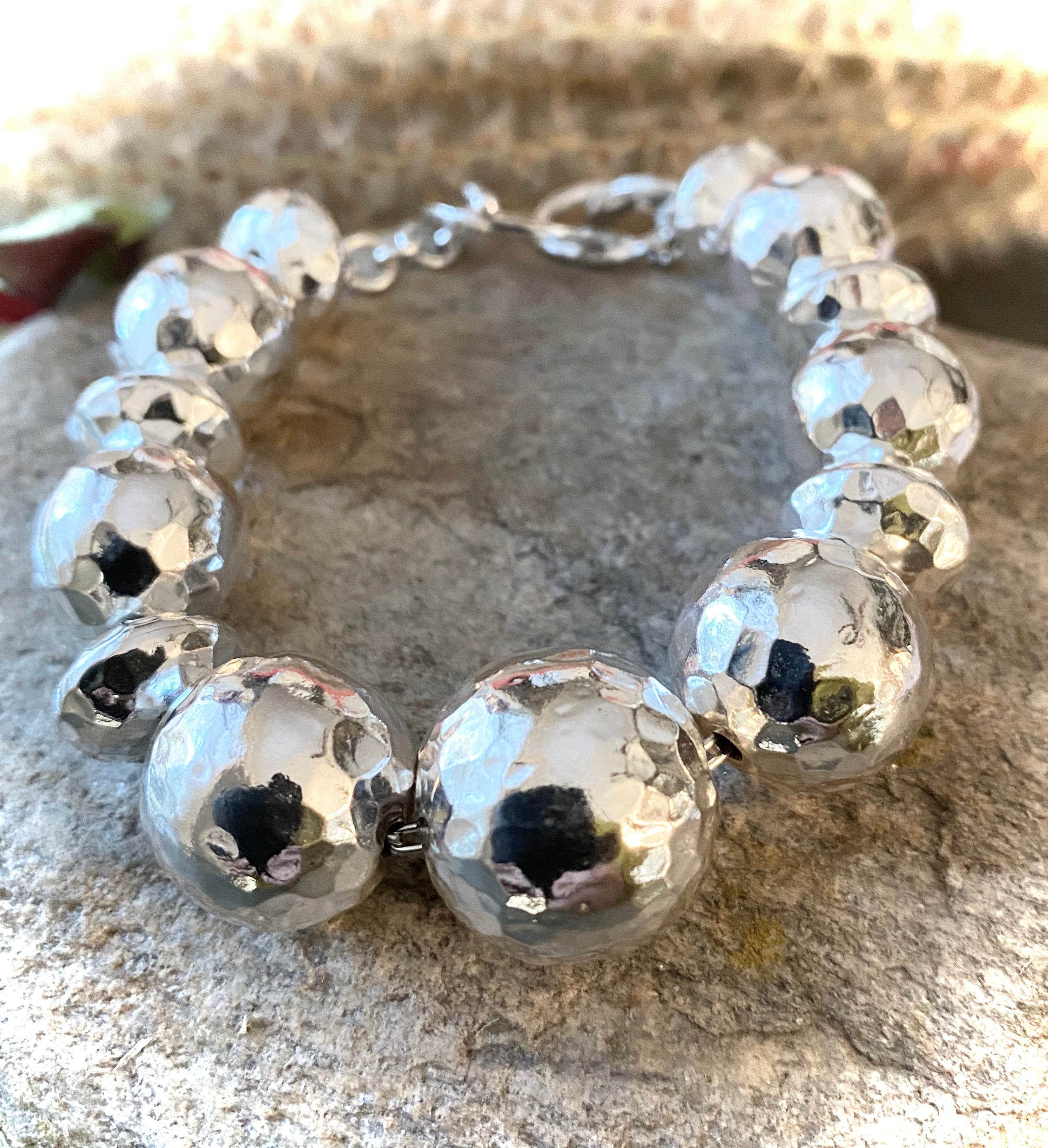 Sterling Silver Hammered Large Graduated Bead Bracelet