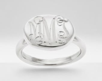 Sterling Silver Monogrammed Ring Oval Horizontal Oblong Oval