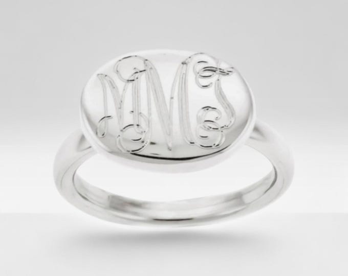 Sterling Silver Monogrammed Ring Oval Horizontal Oblong Oval