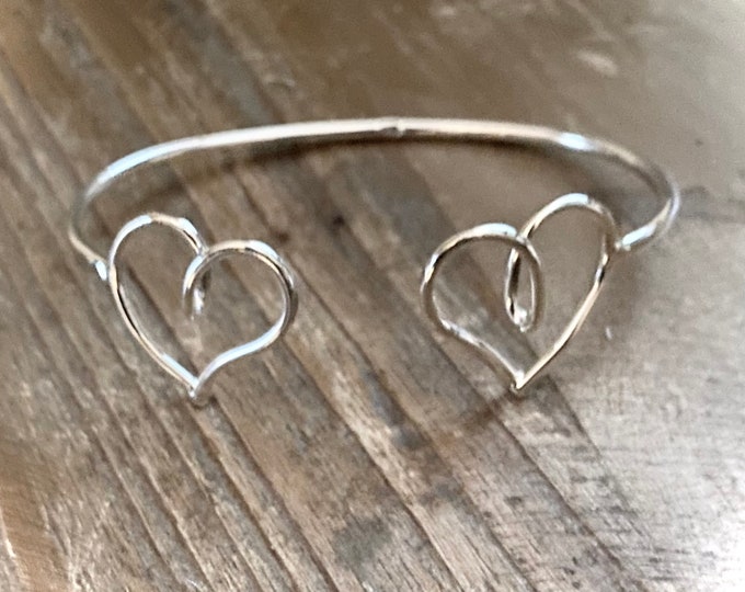 Sterling Silver 925 Double Heart Cuff Bracelet