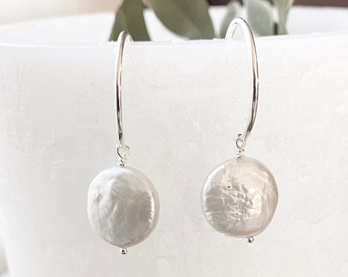 Sterling Silver Hoop Earrings with Coin Pearl Dangle