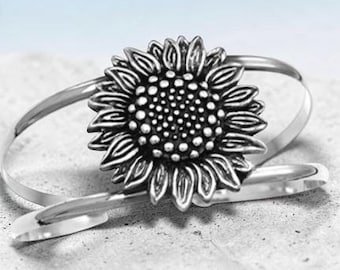 Sterling Silver 925 Sunflower Cuff Bracelet