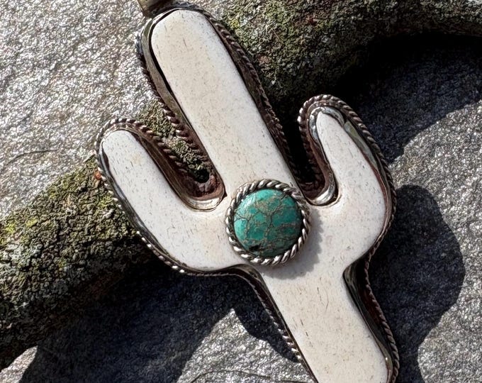 Bone and Brass Cactus Pendant with Turquoise