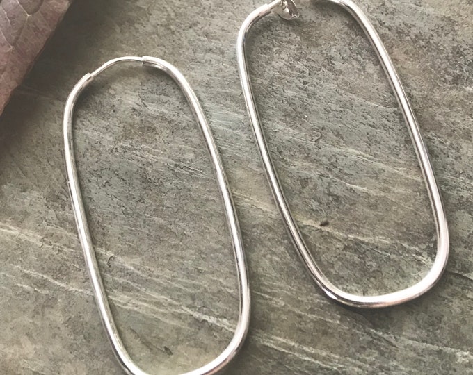 Long Large Rectangle Hoop Earrings in Sterling Silver