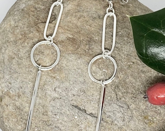 Long Circle and Bar 925 Sterling Silver Earrings