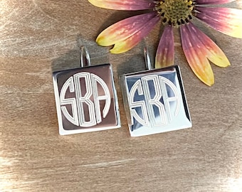 Sterling Silver Monogrammed Earrings Rectangle or Square With Hook Earwire