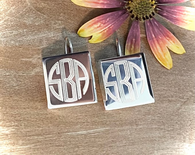 Sterling Silver Monogrammed Earrings Rectangle or Square With Hook Earwire