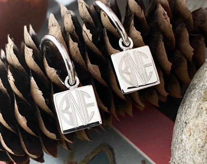 Sterling Silver Monogrammed Hoop Earrings with Square Drop