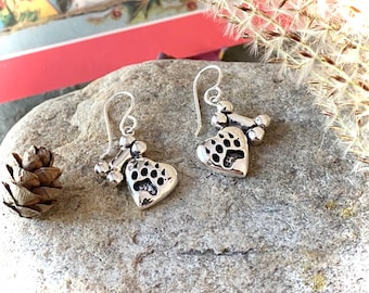 Sterling Silver Paw and Bone Earrings