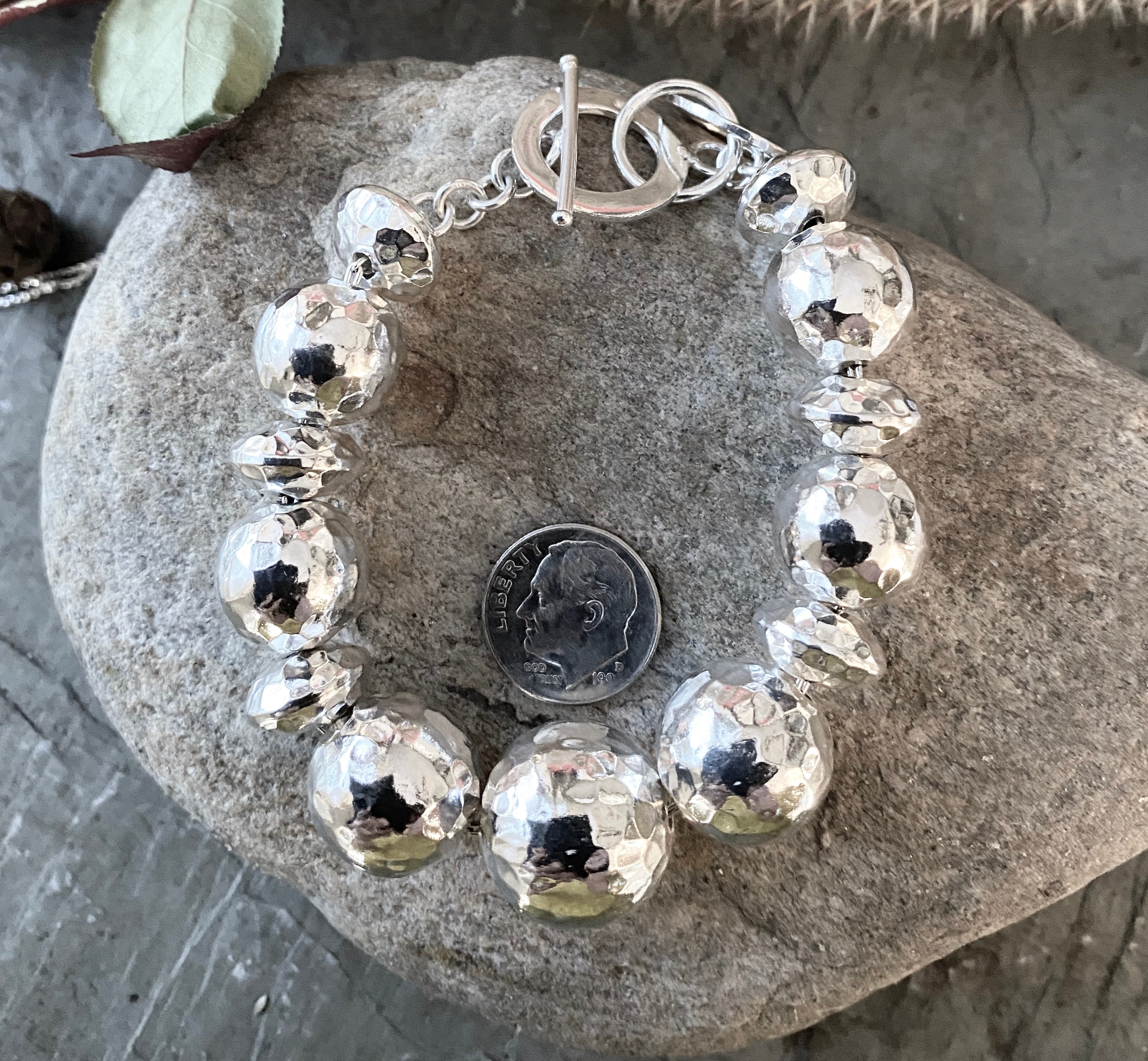 Sterling Silver Hammered Large Graduated Bead Bracelet