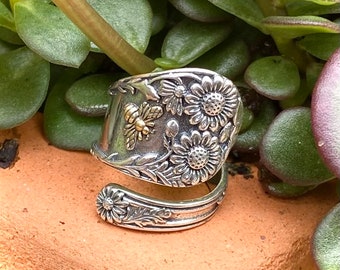 Gold Bee and Flower Adorned Sterling Silver Spoon Ring