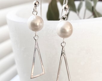 Pearl and Triangle Long Sterling Silver Earrings