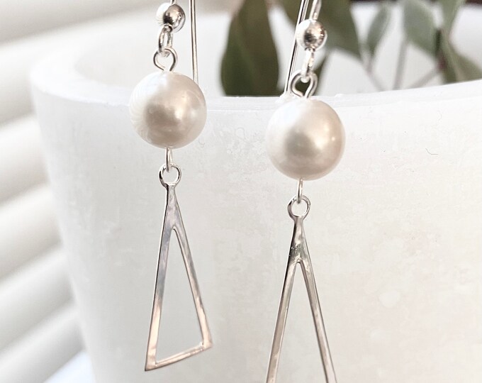 Pearl and Triangle Long Sterling Silver Earrings
