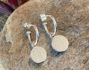 Sterling Silver Monogrammed Hoop Earrings with Round Drop
