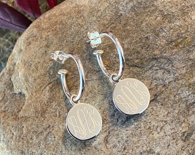 Sterling Silver Monogrammed Hoop Earrings with Round Drop