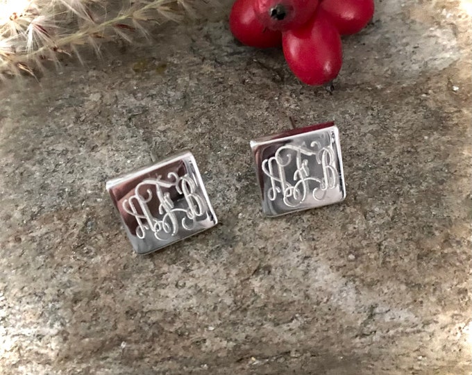 Sterling Silver Square Monogrammed Stud Earrings