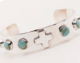 Sterling Silver Hammered Texture Cuff Bracelet with Cross and Turquoise accents