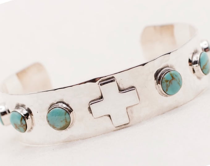 Sterling Silver Hammered Texture Cuff Bracelet with Cross and Turquoise accents