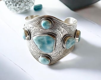 Sterling Silver and Larimar Large Cuff Bracelet