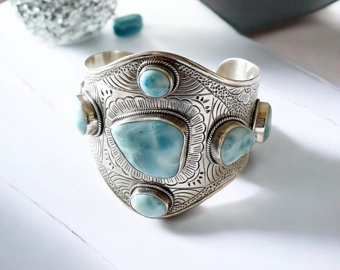 Sterling Silver and Larimar Large Cuff Bracelet