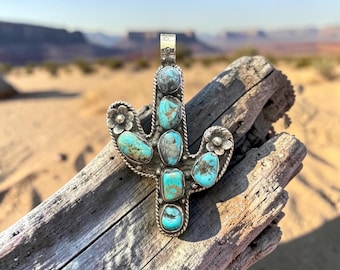 Turquoise and Brass Cactus Pendant