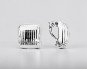 Square Ribbed Texture Clip-On Earrings in Sterling Silver