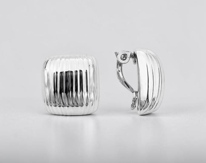 Square Ribbed Texture Clip-On Earrings in Sterling Silver