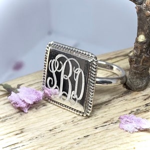 Sterling Silver Large Monogrammed Ring Square With Rope Edge