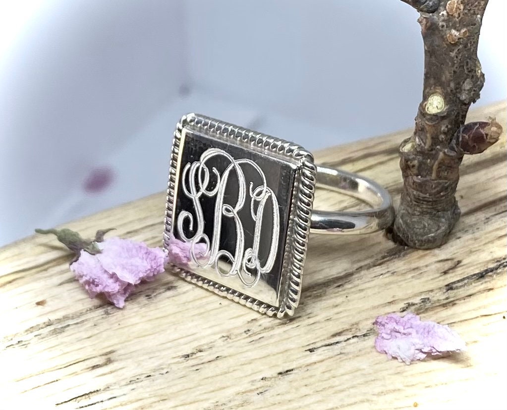 Sterling Silver Large Monogrammed Ring Square With Rope Edge